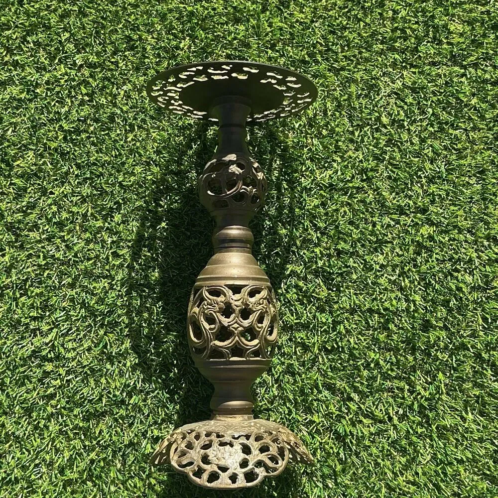 Vintage Ornate Brass Candlestick Holder Pierced Filigree Scrollwork 10”